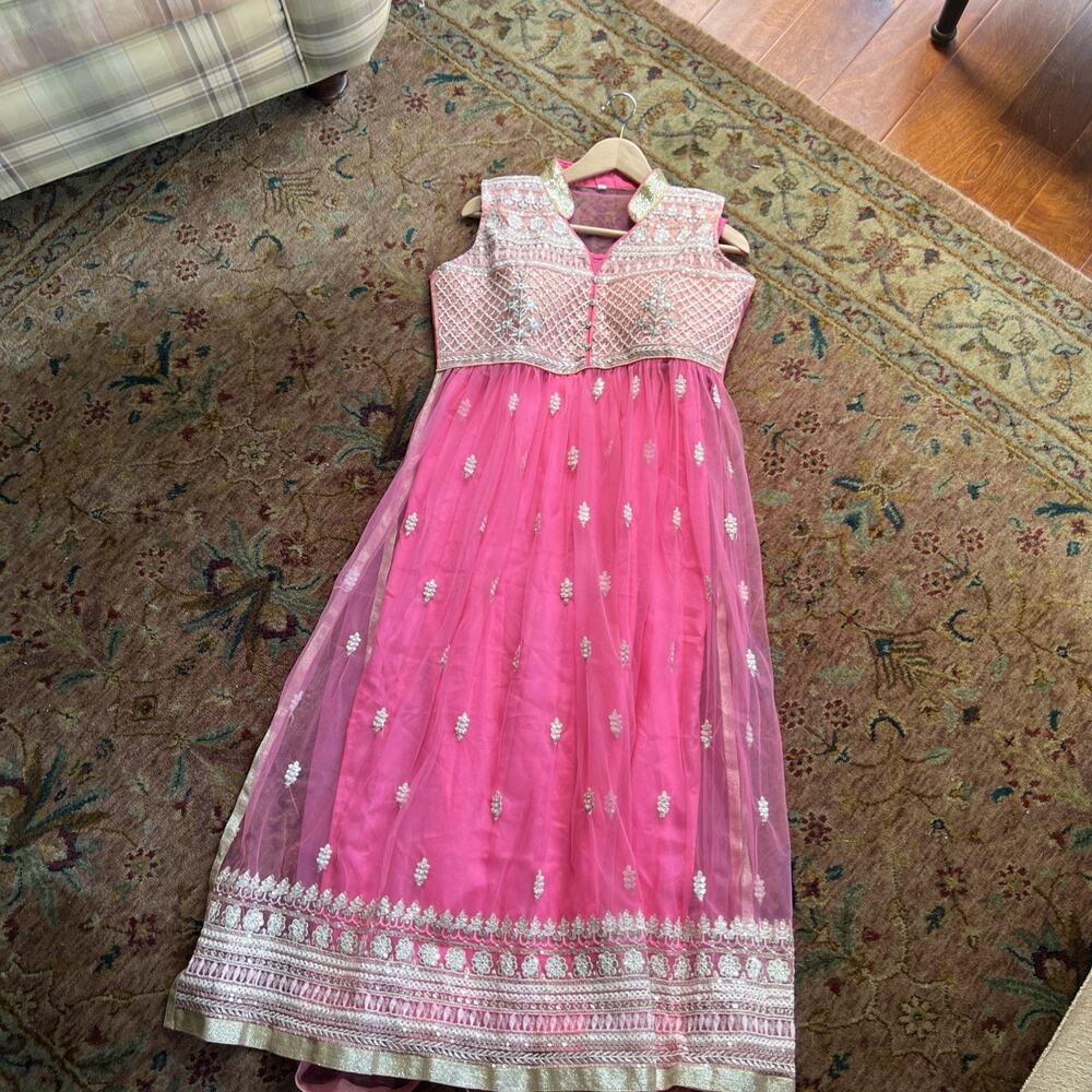 Boutique Embroidered Net Anarkali Gown XL Vibrant Pink/Gold Wedding Guest Dress - Picture 2 of 13